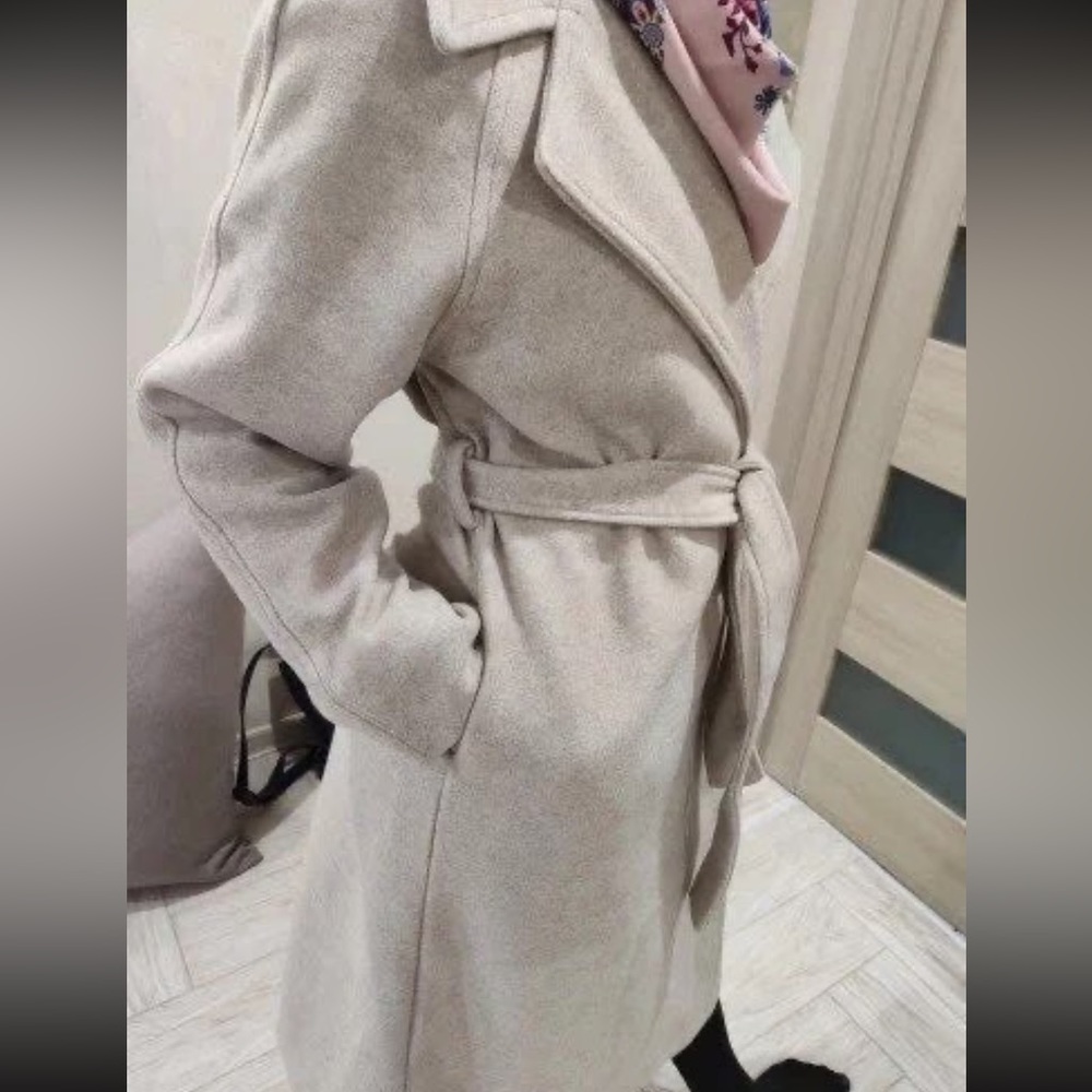 Wool coat long Heather Gray womens belted collar jacket - Picture 6 of 6